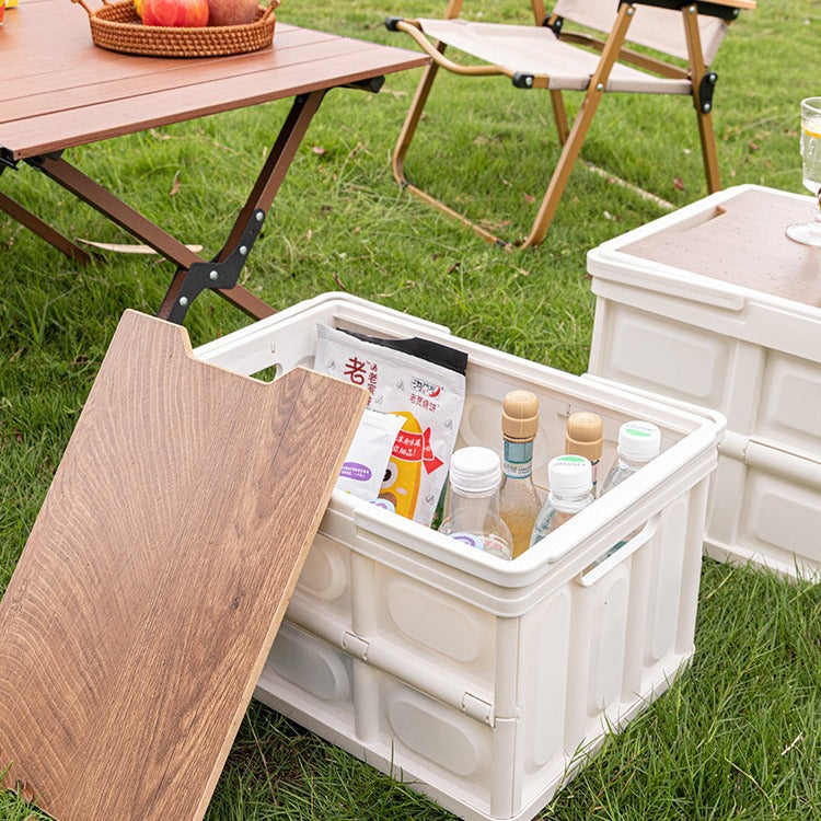 Foldable Outdoor Storage Box with Wooden-Style Cover