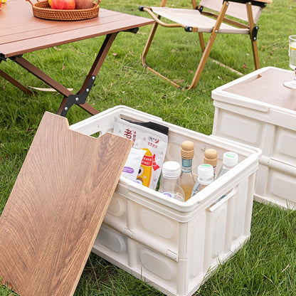 Foldable Outdoor Storage Box with Wooden-Style Cover